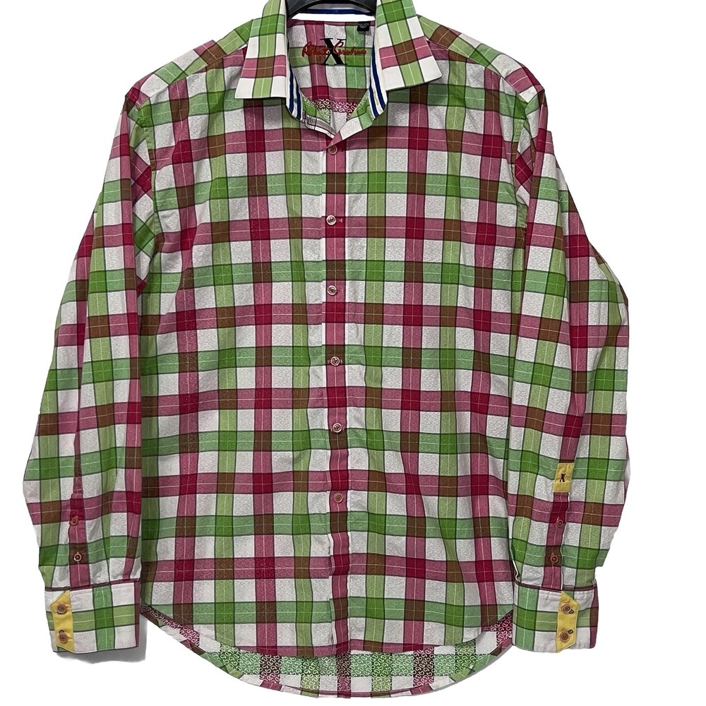 Robert Graham Woven Paisley Plaid Design Button Long Sleeve Sport Shirt Men 2XL